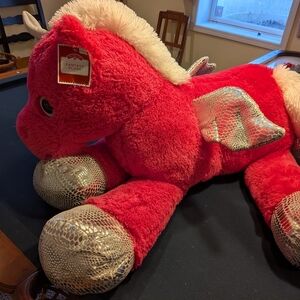 Fantasy Plush Red and Silver Winged Horse